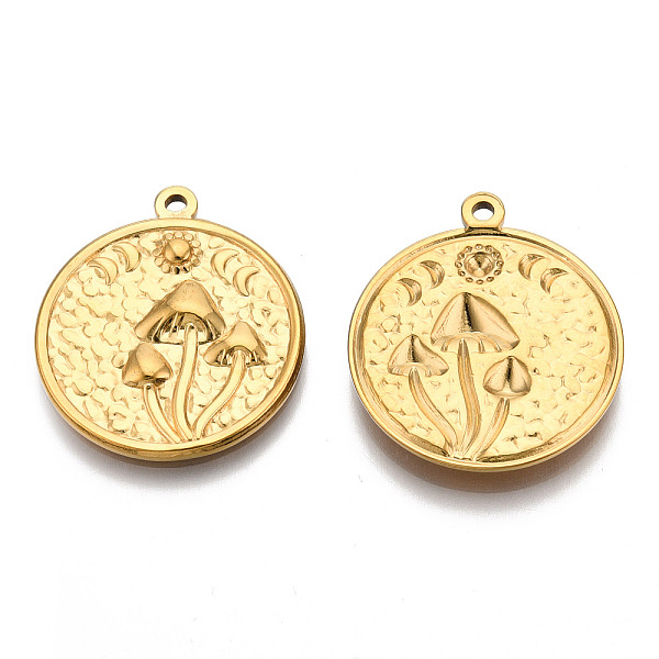 

PandaHall 201 Stainless Steel Pendants, Flat Round with Mushroom Charm, Real 18K Gold Plated, 29x25x3mm, Hole: 1.8mm 201 Stainless Steel...