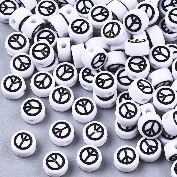 

PandaHall Opaque Acrylic Beads, with Enamel, Flat Round with Peace Sign, Black, White, 7x4mm, Hole: 1.6mm, about 730pcs/100g Acrylic Flat...