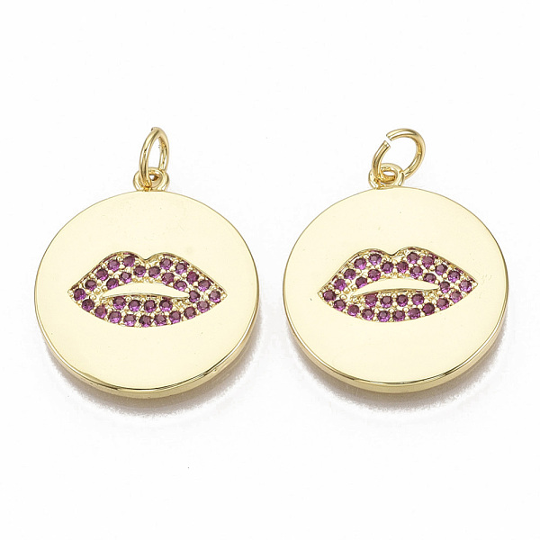 

PandaHall Brass Micro Pave Cubic Zirconia Pendants, with Jump Rings, Nickel Free, Flat Round with Lip, Medium Violet Red, Real 16K Gold...