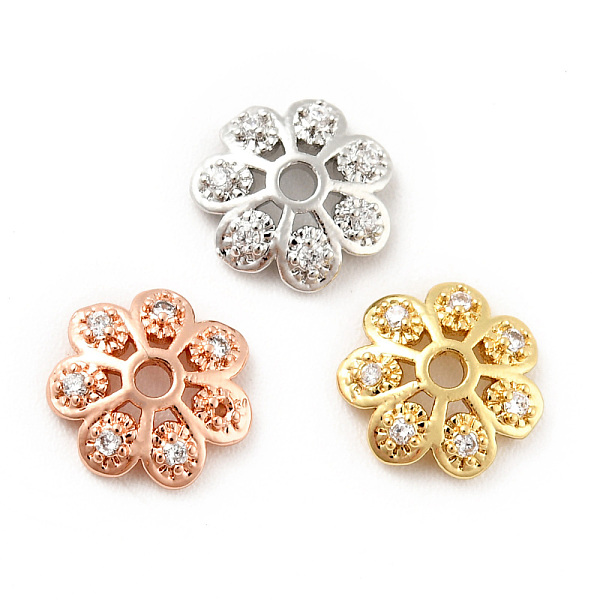 

PandaHall Brass Micro Pave Clear Cubic Zirconia Bead Caps, Cadmium Free & Lead Free, Multi-Petal, Flower, Mixed Color, 8x2mm, Hole: 1.2mm...