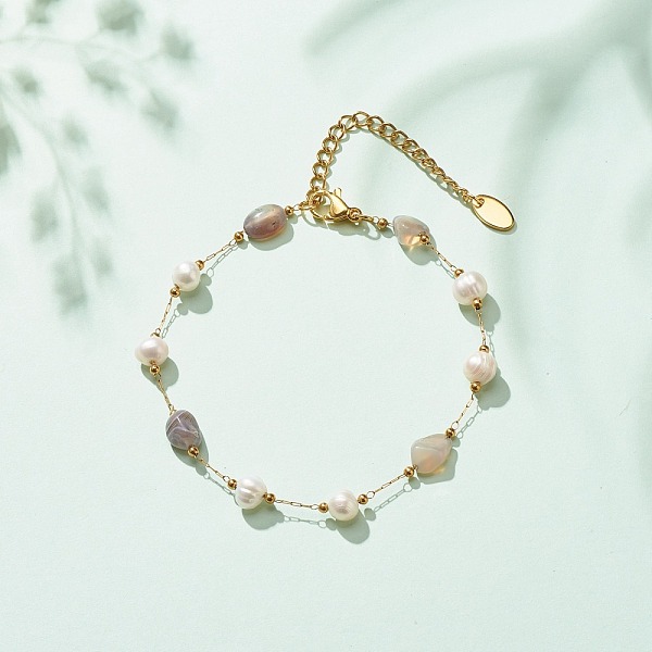 

PandaHall Natural Botswana Agate & Pearl Beaded Bracelet, Gold Plated Stainless Steel Jewelry for Women, 7-1/4~7-1/2 inch(18.5~19cm)...