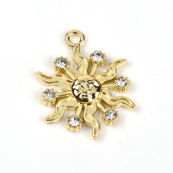

PandaHall Alloy Glass Rhinestone Pendants, Sun, Crystal, Light Gold, 24x18.5x3mm, Hole: 2mm Alloy+Rhinestone Sun Clear