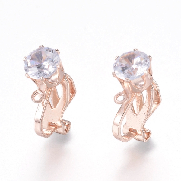 

PandaHall Brass Clip-on Earring Findings, with Clear Cubic Zirconia and Loop, Rose Gold, 17x6x9mm, Hole: 1.2mm Brass
