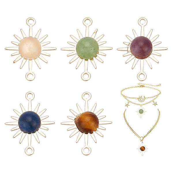 

PandaHall ARRICRAFT 30Pcs Natural Mixed Gemstone Connector Charms, Sun Links, with Real 14K Gold Plated Brass Findings, 18x13.5x4mm, Hole...
