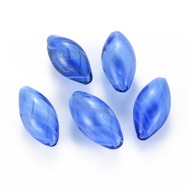

PandaHall Transparent Handmade Blown Glass Globe Beads, with Glitter Powder, Stripe Pattern, Rice, Dodger Blue, 25~27x12~13mm, Hole: 1~2mm...
