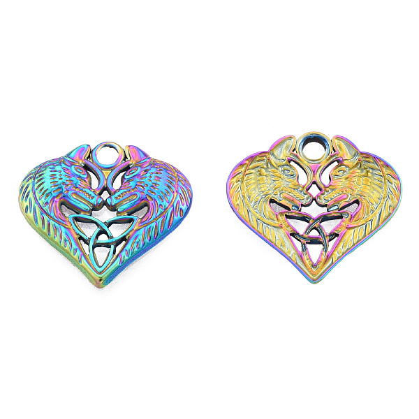 

PandaHall Ion Plating(IP) 201 Stainless Steel Pendants, Heart with Wolf & Trinity Knot, Rainbow Color, 19x20.5x2.5mm, Hole: 2.5mm 201...