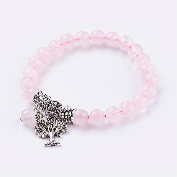 

PandaHall Natural Rose Quartz Stretch Bracelets, with Tibetan Style Pendants, 2 inch(51mm) Rose Quartz Pink