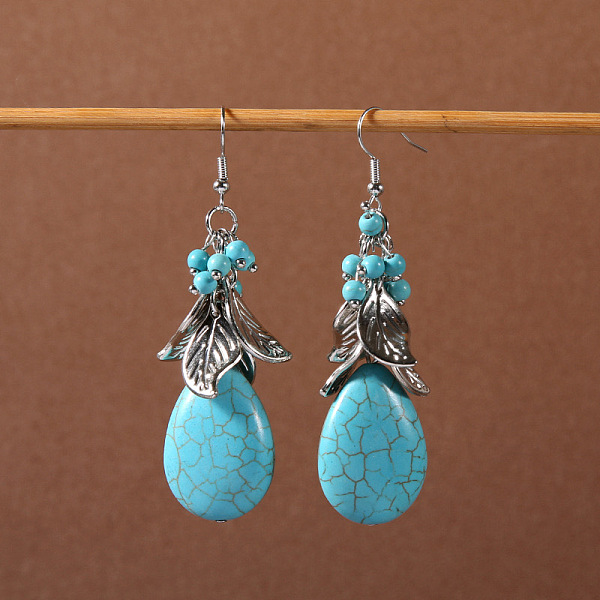 

PandaHall Bohemian tassel turquoise earrings, retro ethnic minority style earrings, personalized temperament, Tibetan ear accessories Alloy..., Green