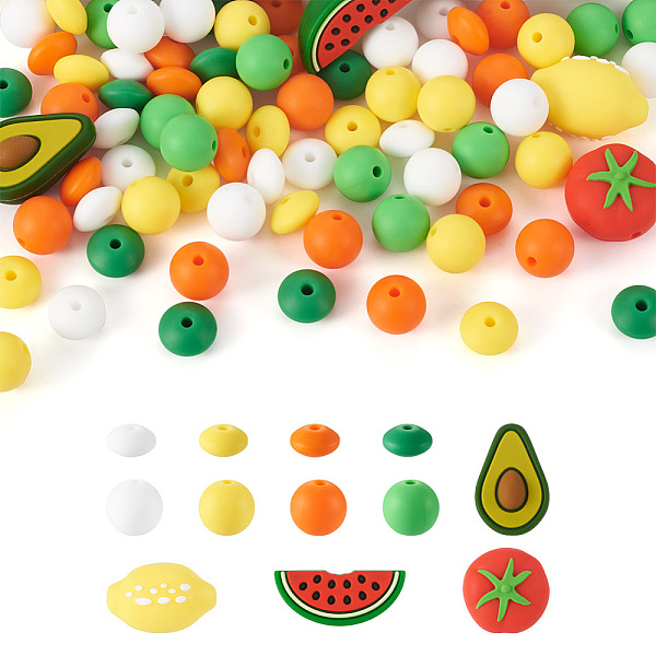 

PandaHall 88Pcs 12 Styles Food Grade Eco-Friendly Silicone Beads, Round & Abacus Beads & Avocado & Tomato & Watermelon & Lemon, Mixed Color..., Multicolor