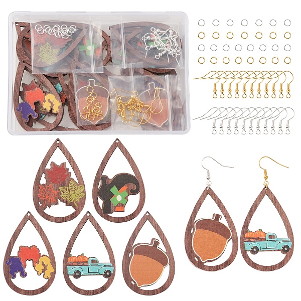 

PandaHall DIY Thanksgiving Day Teardrop Earring Making Kit, Including Pumpkin & Leaf & Acorn Wood Pendants, Brass Jump Rings & Iron Earring..., Multicolor
