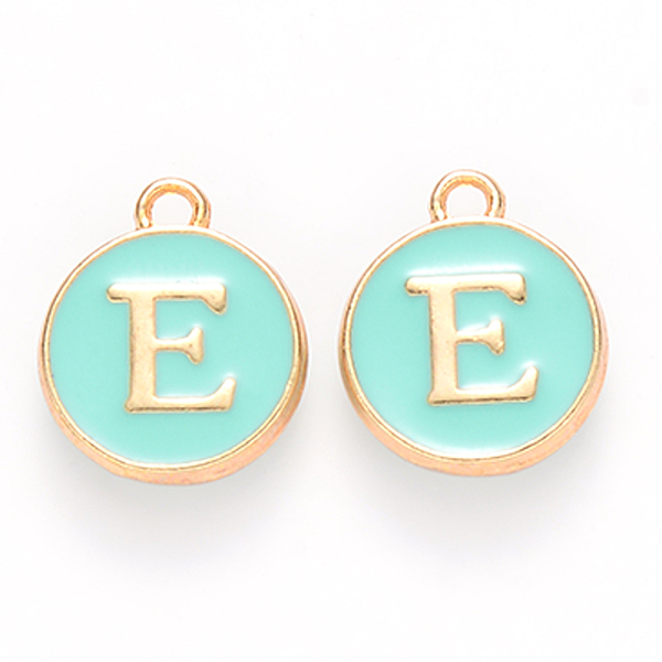 

PandaHall Golden Plated Alloy Enamel Charms, Cadmium Free & Lead Free, Enamelled Sequins, Flat Round with Letter, Turquoise, Letter.E..., Green