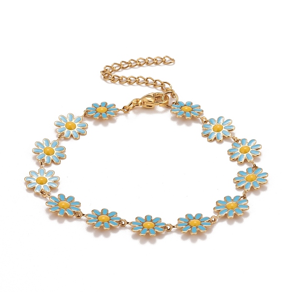 

PandaHall Enamel Daisy Link Chains Bracelet, Vacuum Plating 304 Stainless Steel Jewelry for Women, Golden, Deep Sky Blue, 7-1/4 inch(18.4cm)...