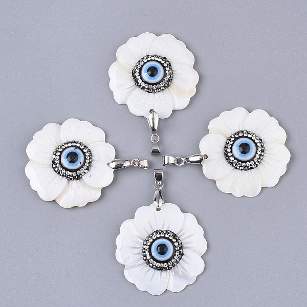 

PandaHall Freshwater Shell Pendants, with Polymer Clay Rhinestone, Evil Eye Resin and Platinum Tone Brass Ice Pick Pinch Bails, Flower...