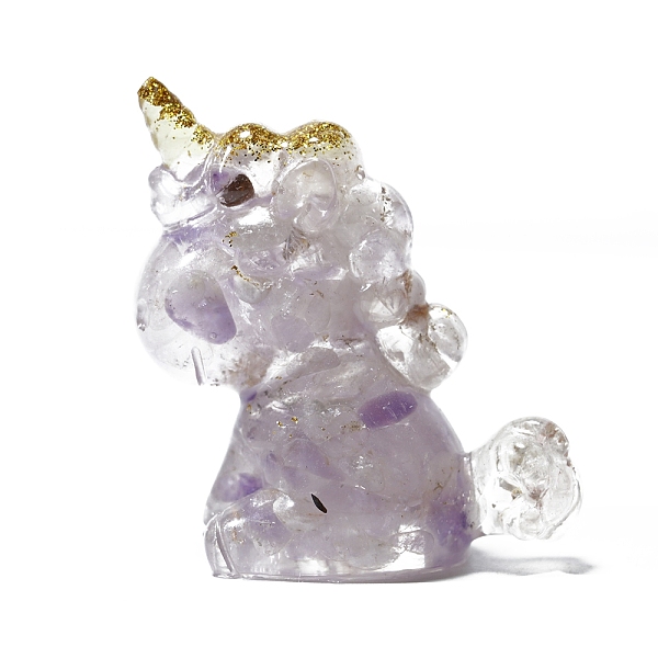 PandaHall Unicorn Resin Figurines, with Natural Lepidolite Chips inside Statues for Home Office Decorations, 30x45x60mm Lepidolite Unicorn