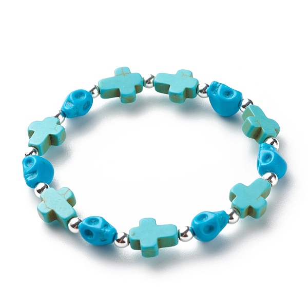 

PandaHall Synthetic Turquoise(Dyed) Cross & Skull Beaded Stretch Bracelet, Halloween Gemstone Jewelry for Kids, Turquoise(Dyed), Inner..., Green