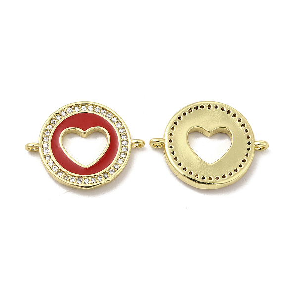 

PandaHall Brass Micro Pave Clear Cubic Zirconia Connector Charms, with Enamel, Flat Round with Heart Links, Real 18K Gold Plated, Red...
