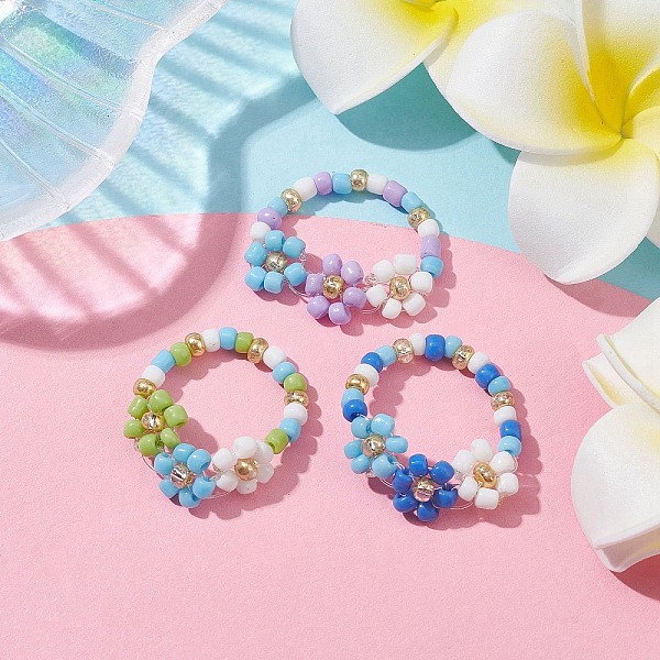 3Pcs 3 Color Glass Seed Beaded Stretch Rings Sets. Flower Stackable Rings