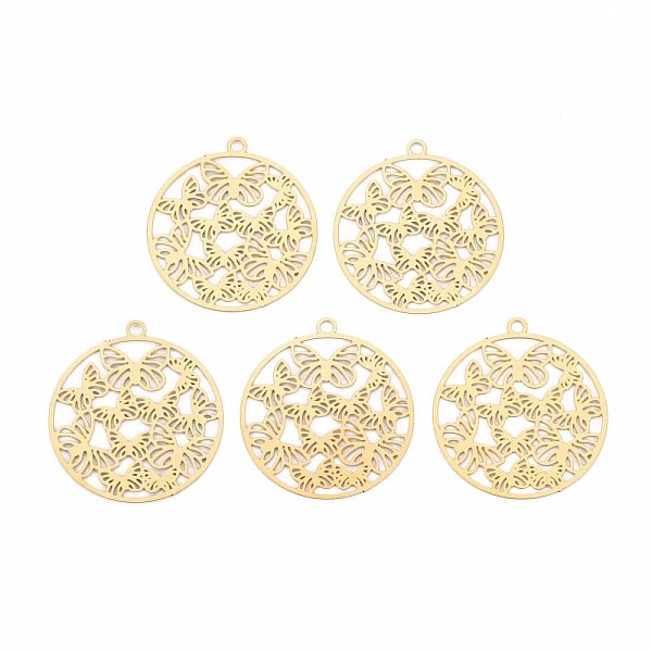 

PandaHall Rack Plating 201 Stainless Steel Filigree Pendants, Etched Metal Embellishments, Nickel Free, Flat Round with Butterfly, Real 18K...
