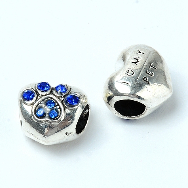 

PandaHall Zinc Alloy European Rhinestone Beads, Large Hole Beads, Heart with Paw, Antique Silver, Light Sapphire, 10x11x8.5mm, Hole: 4.5mm..., Blue