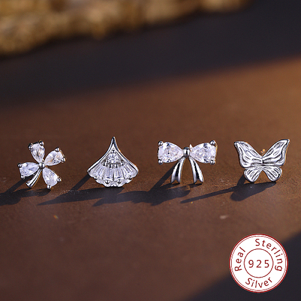 

PandaHall 4Pcs 4 Style Rhodium Plated 925 Sterling Silver Stud Earrings Set, with Clear Cubic Zirconia, Butterfly & Flower & Leaf & Bowknot...