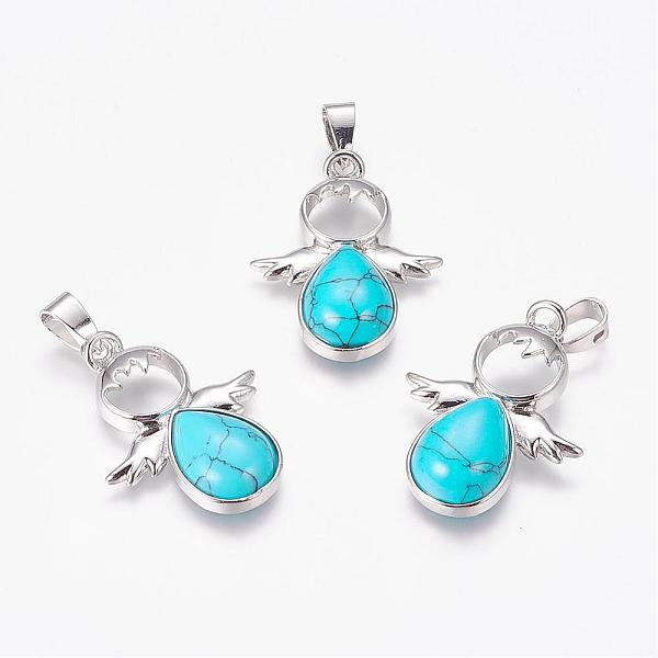 PandaHall Dyed Synthetic Turquoise Pendants, Angel, with Brass Finding, Platinum, 34x25.5x4.5~6.5mm, Hole: 4~5x7mm Synthetic Turquoise Angel