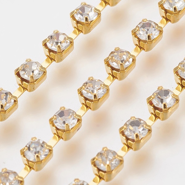 

PandaHall Brass Rhinestone Cup Chain, Strass Chains, Grade A, Crystal, Golden, 2mm, about 42.65 Feet(13m)/bundle, with 2880pcs Rhinestone..., Clear