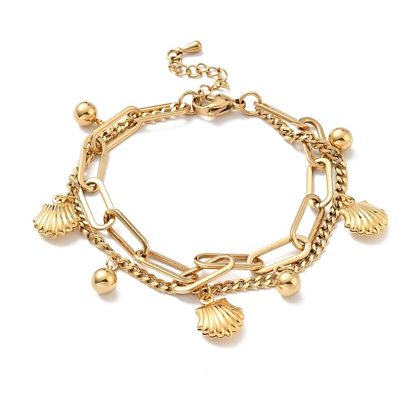 

PandaHall Shell Shape and Round Ball Charm Multi-strand Bracelet, Vacuum Plating 304 Stainless Steel Double Layered Chains Bracelet for...