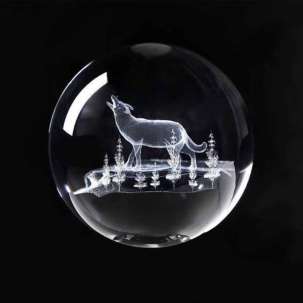 PandaHall Glass 3D Laser Engraved Wolf Crystal Ball, for Home Desktop Decoration, Clear, 60mm Glass Round Clear
