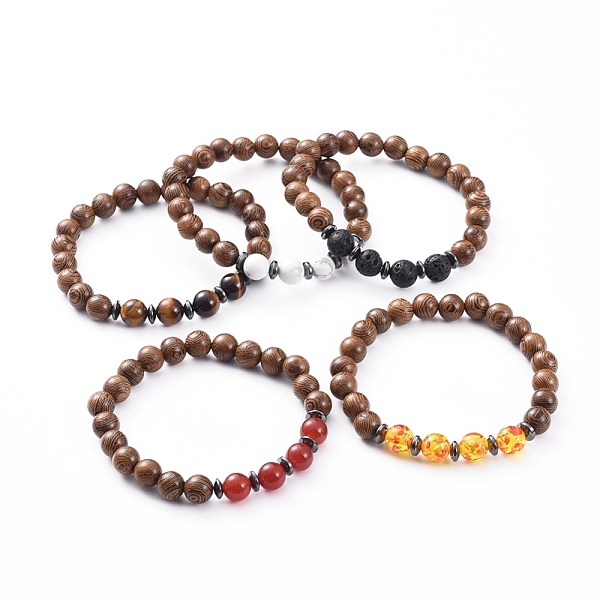 

PandaHall Unisex Wood Beads Stretch Bracelets, with Gemstone Beads, Non-Magnetic Synthetic Hematite Beads, 2-3/8 inch(5.9cm) Mixed Stone