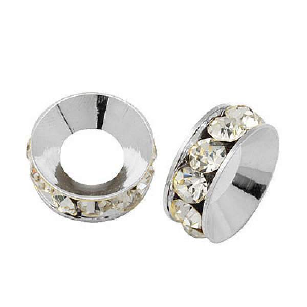

PandaHall Brass Rhinestone Spacer Beads, Grade A, Rondelle, Silver Color Plated, Crystal, 14x5.5mm, Hole: 7.8mm Brass+Rhinestone Rondelle..., Clear