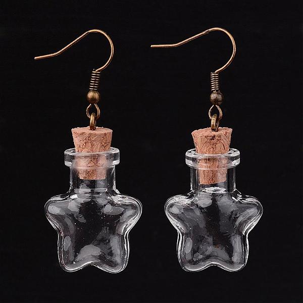 

PandaHall Glass Bottle Dangle Earrings, with Brass Earring Hooks, Antique Bronze, Clear, 48~51mm, Pin: 0.6mm Glass Clear