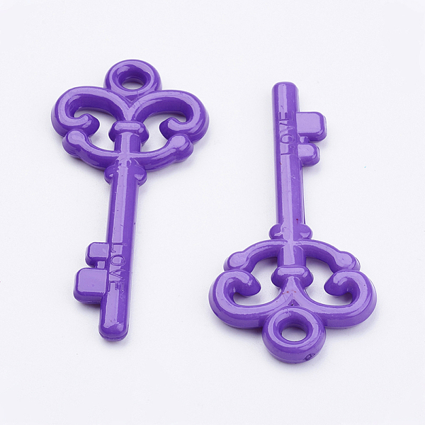 PandaHall Colorful Acrylic Big Pendants, Love Key, Dark Violet, 62x29x4.5mm, Hole: 4mm, about 205pcs/500g Acrylic Key Purple