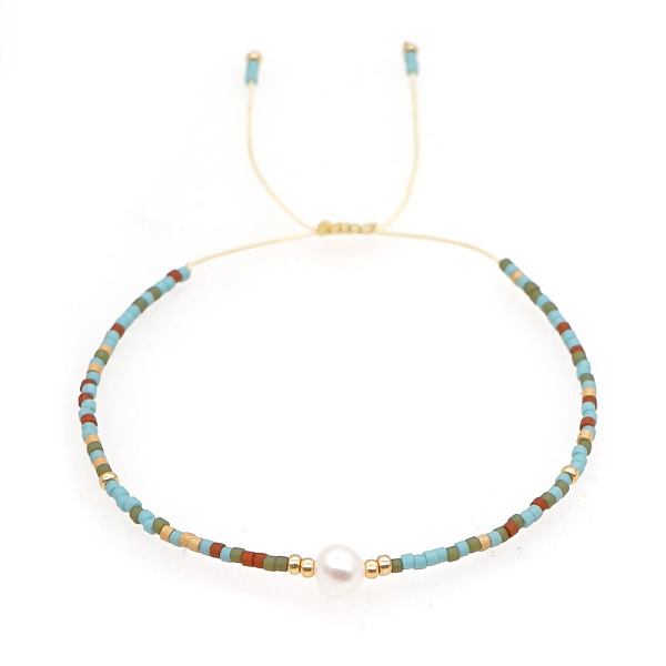 Bracciale regolabile da donna intrecciato con perline tubolari in vetro e perle naturali d'acqua dolce