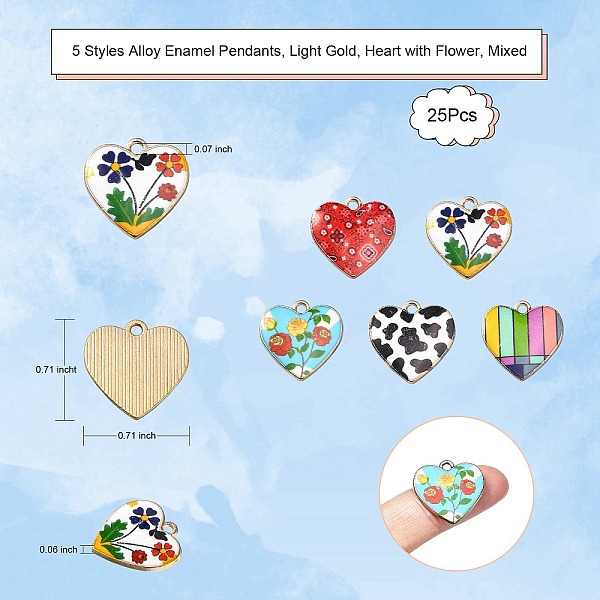 

PandaHall 25Pcs 5 Styles Alloy Enamel Pendants, Light Gold, Heart with Flower, Mixed Color, 18x18x1.5mm, Hole: 1.8mm, 5pcs/style..., Multicolor