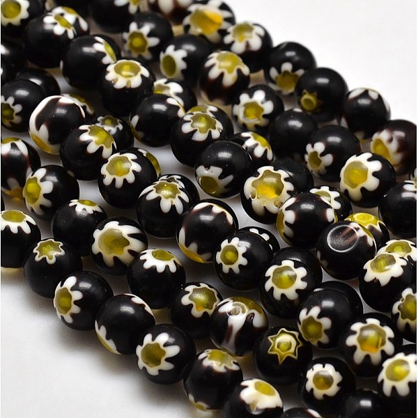 

PandaHall Round Millefiori Glass Beads Strands, Black, 7.6~8mm, Hole: 1mm, about 48pcs/strand, 14.9 inch Millefiori Lampwork Round Black
