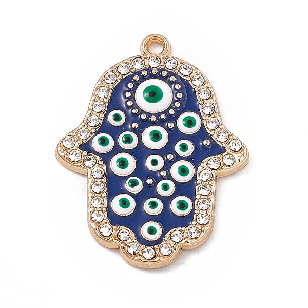 

PandaHall Alloy Enamel Pendants, with Crystal Rhinestone, Green Hamsa Hand with Evil Eye Charm, Light Gold, 34x26x2mm, Hole: 1.8mm Alloy..., Blue