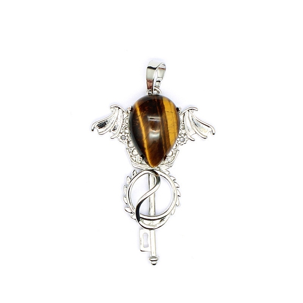 

PandaHall Natural Tiger Eye Teardrop Pendants, Platinum Tone Brass Key Scepter Wing Charms, 45x35x9mm Tiger Eye Key