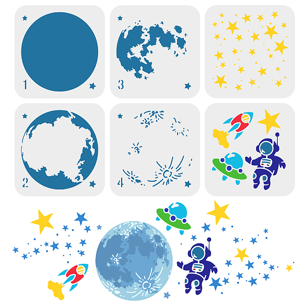 

PandaHall FINGERINSPIRE 6 Pcs Layered Space Theme Stencil 15x15cm Moon Earth Painting Template Plastic Astronaut Rocket Spaceship Patterns..., White