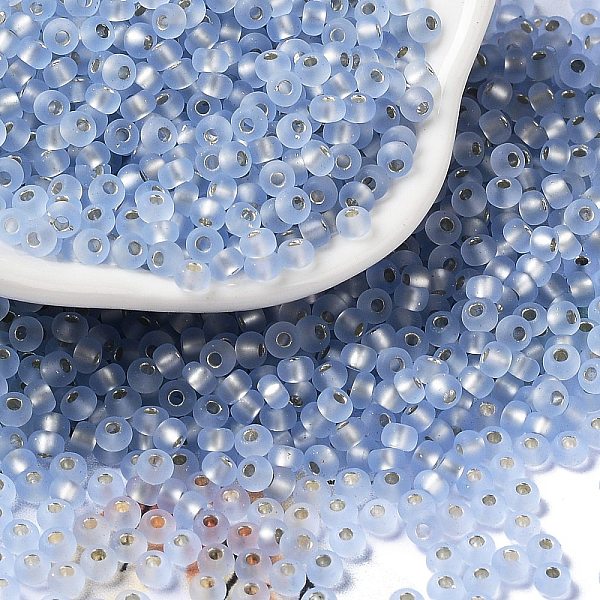

PandaHall 8/0 Glass Seed Beads, Frosted, Silver Lined, Round, Light Steel Blue, 3x2mm, Hole: 1mm Glass