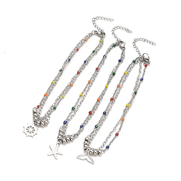 PandaHall 304 Stainless Steel Charm Anklet, Colorful Enamel Beaded Chains Double Layered Anklet for Women, Stainless Steel Color, Mixed...