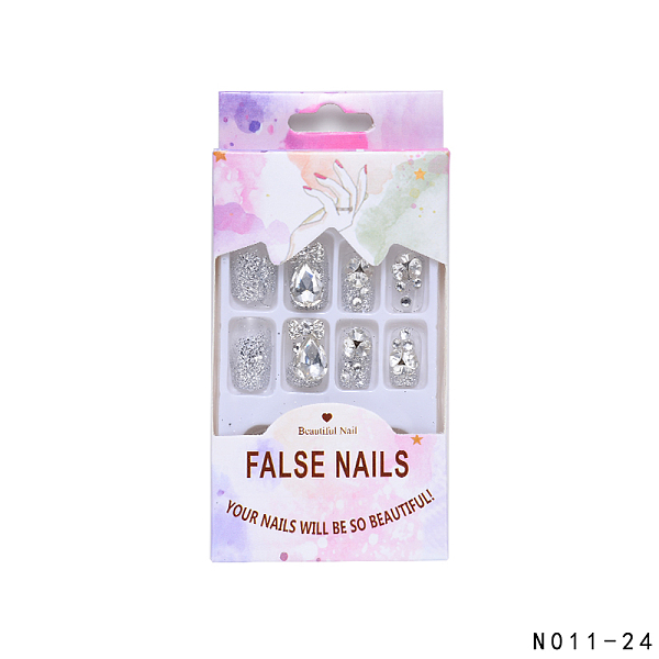 PandaHall Fake Nail Tips Full Cover False Nails, Nail Art Detachable Manicure, with Crystal Rhinestone and Glue, Clear, 15~23.5x10.5~20.5mm...
