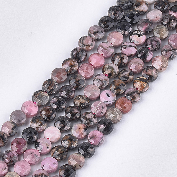 PandaHall Natural Rhodonite Beads Strands, Faceted, Flat Round, 6~6.5x3.5mm, Hole: 0.8mm, about 59~60pcs/strand, 14.9 inch~15.1 inch...