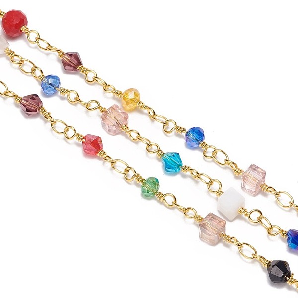 

PandaHall 3.28 Feet Handmade Glass Beaded Chains, Unwelded, with Brass Findings, Faceted, Mixed Shapes, Golden, Mixed Color, 4~6x3~5mm..., Multicolor