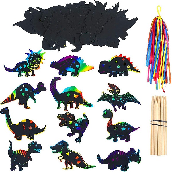 

PandaHall 12Pcs Dinosuar Scratch Rainbow Painting Art Paper, DIY Animal Bookmark, with Paper Card, Wood Sticks and Ribbon, Black, 10.5x14cm...