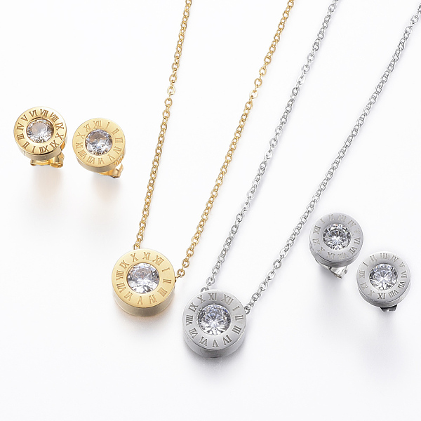 

PandaHall 304 Stainless Steel Jewelry Sets, Pendant Necklaces and Stud Earrings, with Cubic Zirconia, Flat Round Carved Roman Numberals..., Multicolor