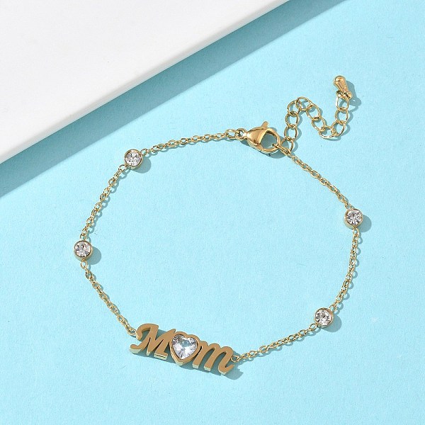 Bracelet à maillons en acier inoxydable 304 avec zircon cubique et inscription « maman » pour la fête des mères