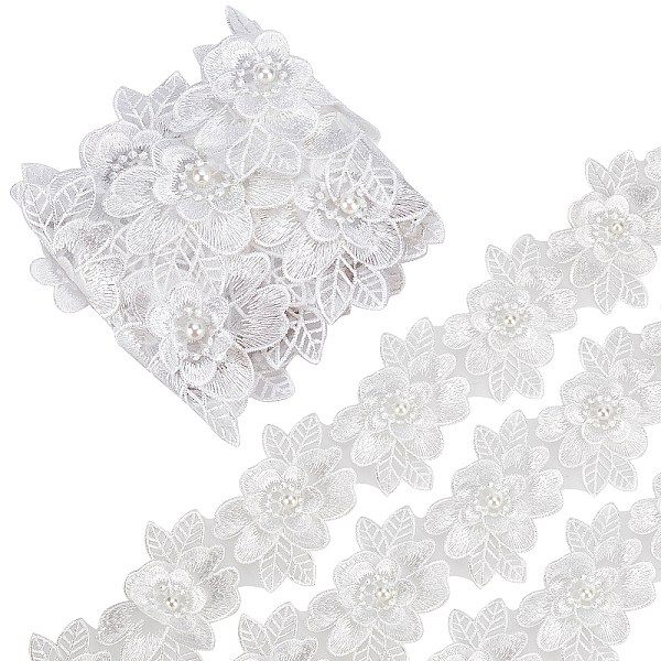 

PandaHall GORGECRAFT 2 Yard 3D Polyester Flower Lace Edge Trim Ribbon Pearl Beads Edging Trimmings Embroidered Applique Fabric Vintage..., White