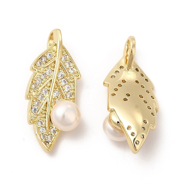 

PandaHall Brass Micro Pave Cubic Zirconia Pendants, with Pearl, Leaf Charm, Real 14K Gold Plated, 24x10x10mm, Hole: 3x5mm Brass+Cubic..., Clear