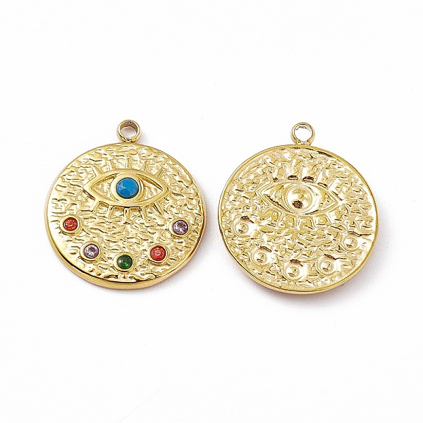 

PandaHall Vacuum Plating 201 Stainless Steel Pendants, with Rhinestone, Real 18K Gold Plated, Flat Round with Eye Charms, Colorful..., Multicolor