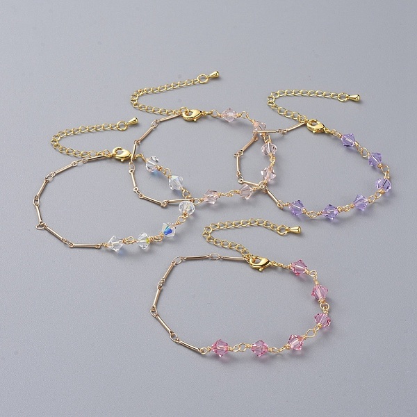 

PandaHall Bicone Austrian Crystal Beaded Bracelets, with Real 18K Gold Plated Brass Bar Link Chains, Brass Chain Extender and Lobster Claw..., Multicolor